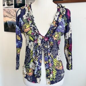 VTG Charlotte Tarantola Floral Ruffle Cardigan Sweater Navy Gold Buttons Size M